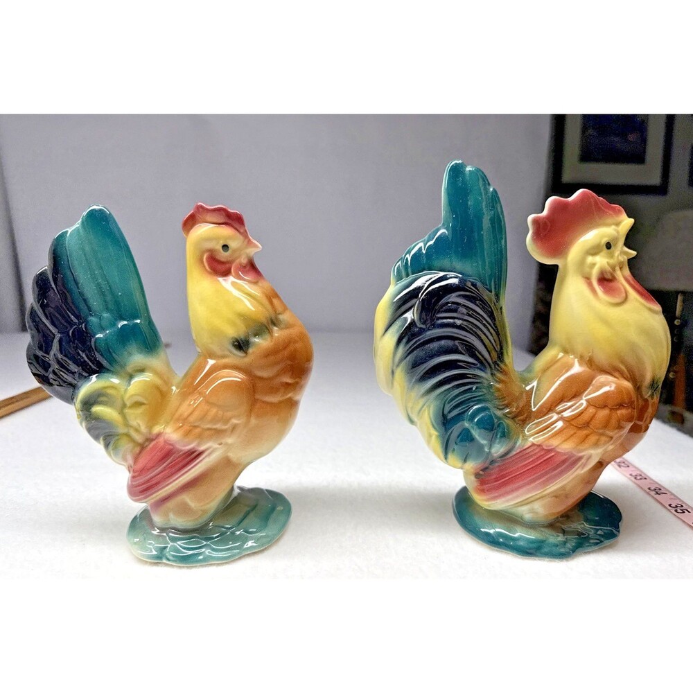 Royal Copley Rooster Figurines Set of 2 Vintage Ceramic Chicken Farmhouse Decor